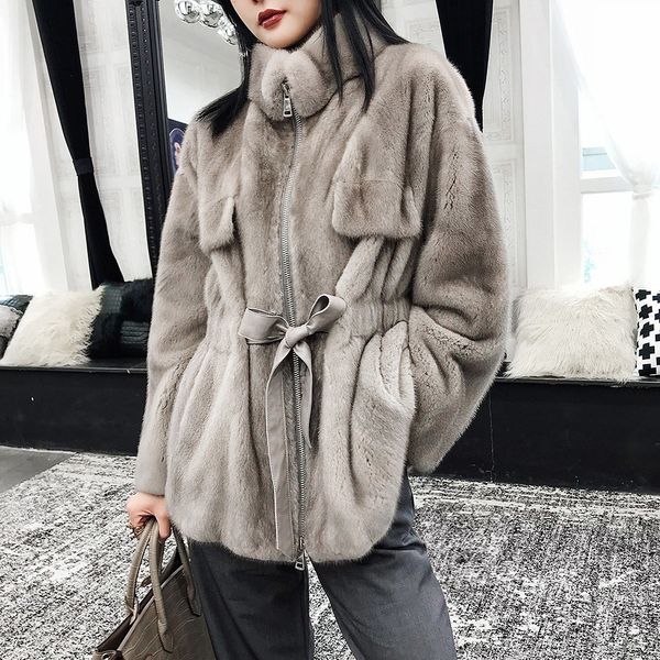 

women's fur faux fashion real mink women coat with mandarin collar long sleeves winter warm thick whole jacket 230105, Black