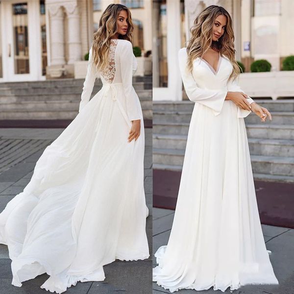 

long sleeves a line wedding dress 2023 chiffon simple v neck applique bridal gown elegant sashes vintage for women civil customize, White