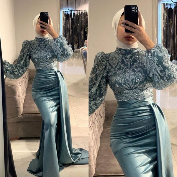 

stunning lace mermaid prom dresses appliqued sequined muslim evening gowns with long sleeves high neckline sweep train special occasion form, Black