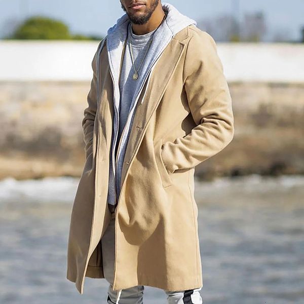 

men's wool blends fashion long sleeve hooded coat autumn winter mens casual solid color patchwork woolen men loose single breasted s 23, Black