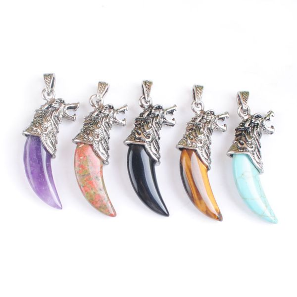 

yowost wolf tooth shape pendant copper amulet luck man jewelry natural amethyst tigers eye opal stone mixed wholesale accessories bn517, Silver