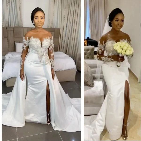 

2023 designer mermaid wedding dresses bridal gown with detachable train lace applique long sleeves beaded side slit custom made vestidos de, White