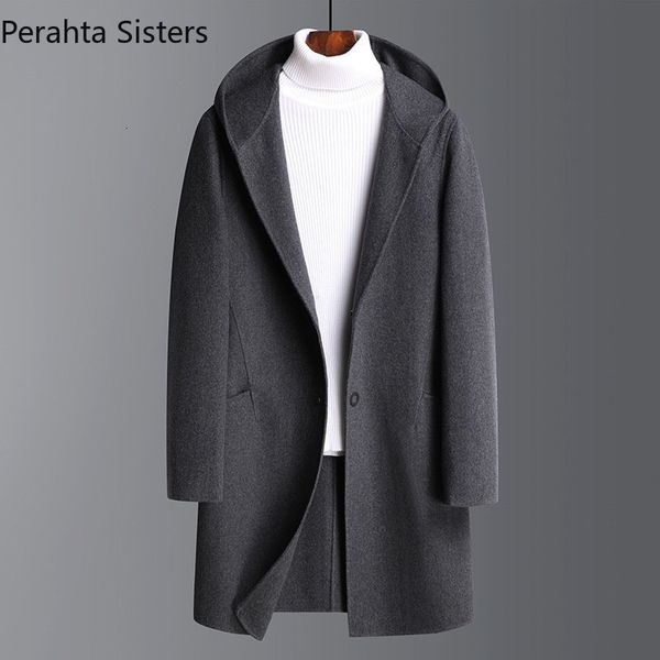 

men's wool blends brand doublesided woolen trench coat for men business casual long style hooded windbreaker male winter clothing 23010, Black