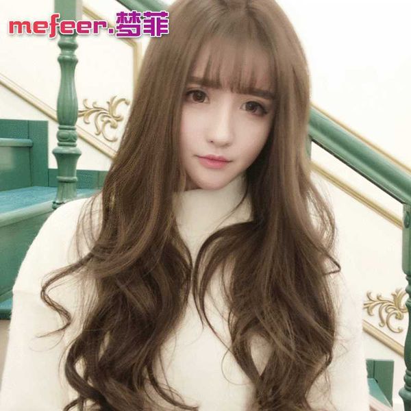 

hair synthetic wigs mengfei net red wig female long curly big wave thin air bangs cover full headgear s 1201, Black