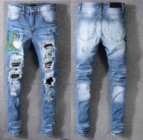

clothing men's jeans pants women shirts panther print army green destroyed s slim denim straight biker skinny, Blue