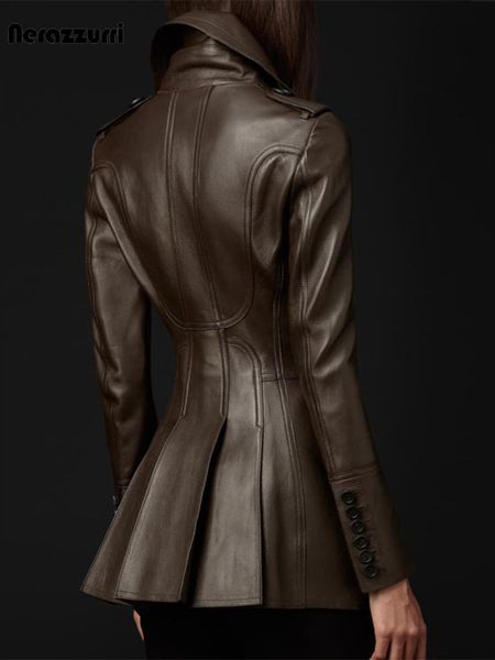 

women's leather faux nerazzurri british style trench coat for women long sleeve lapel womens fashion slim fit soft blazer 230105, Black