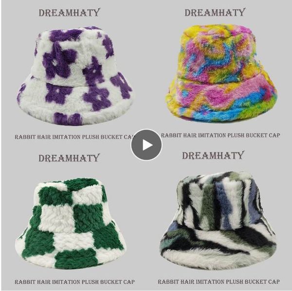 

flower tie dye bucket hat plush panama women's outdoor keep warm autumn winter korean style fashion ear protection fisherman cap, Blue;gray
