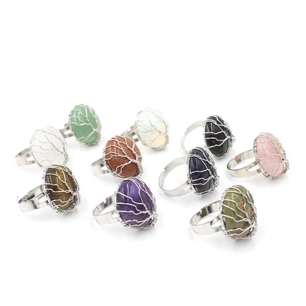 

yowost natural gemstones round ring silver color reiki tree of life wire wrap finger rings size adjustable for women men jewelry bt013, Golden;silver
