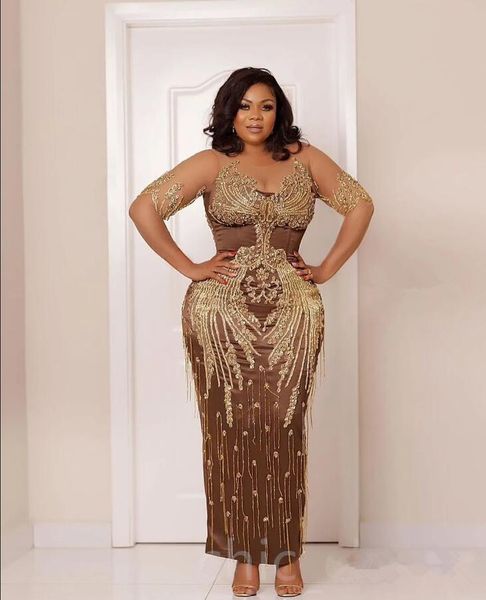 

arabic aso ebi brown luxurious evening dresses lace beaded crystals illusion long sleeve mermaid prom occasion gown, Black;red