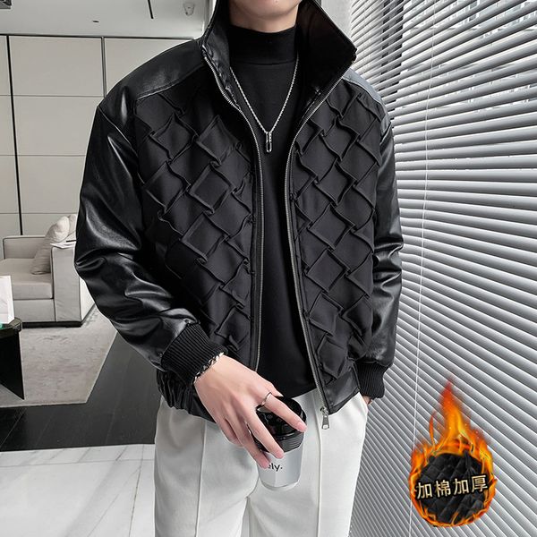 

men's jackets autumn winter pu splicing short fashion casual slim bomber coat social party overcoat streetwear clothing 230105, Black;brown