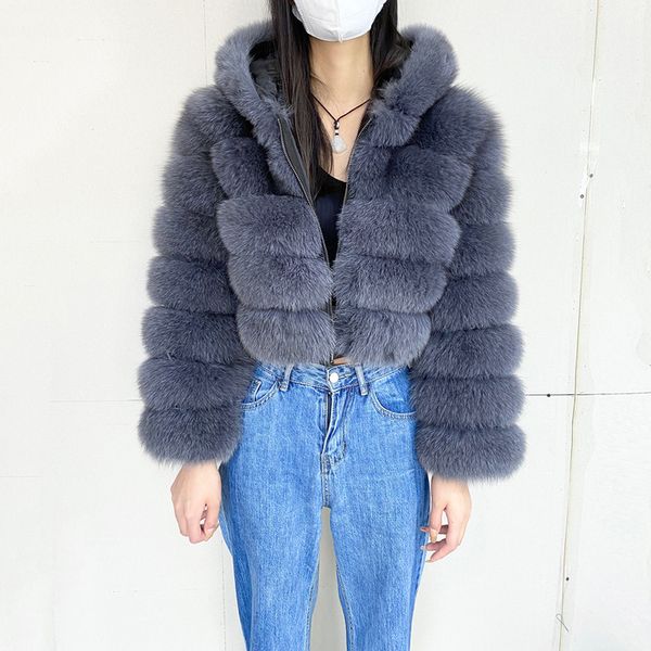 

women's fur faux winter hood real coat fashion coats luxury detachable hood tall waist style short 230105, Black
