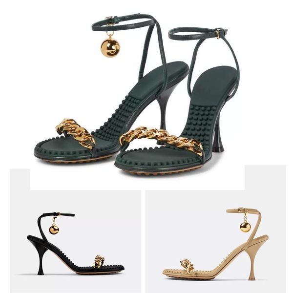 

luxury women's sandals designer leather gold chain detachable spherical decoration massage dot big bottom elegant women show fashionabl, Black