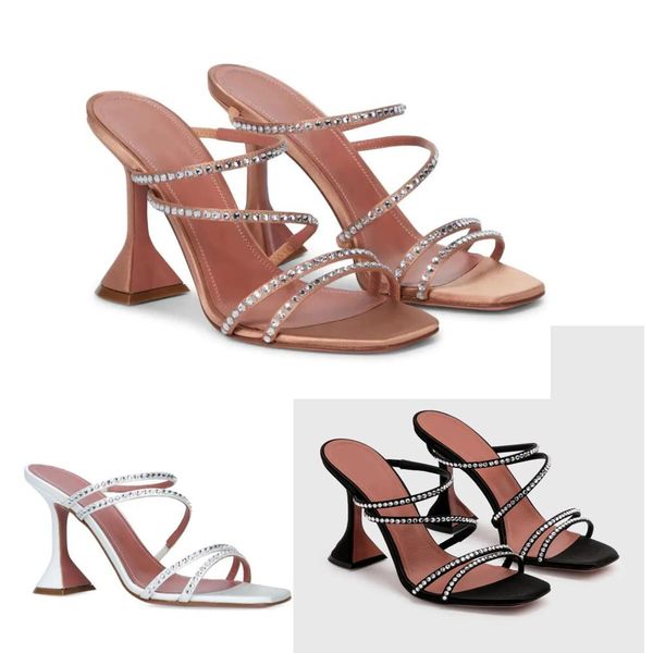 

luxurious design women's sandals fashion brand naima 95 leather ribbons with rhinestone high heel slippers elegant women show charm, Black