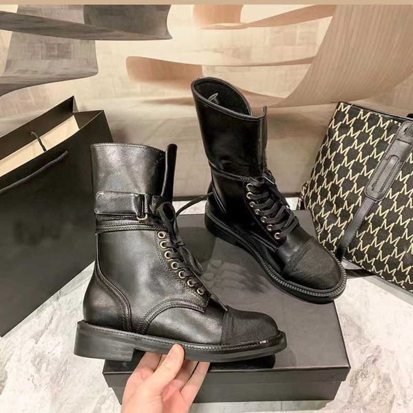 

women's leather boots winter lace up flat bottom casual women's boots large, Black