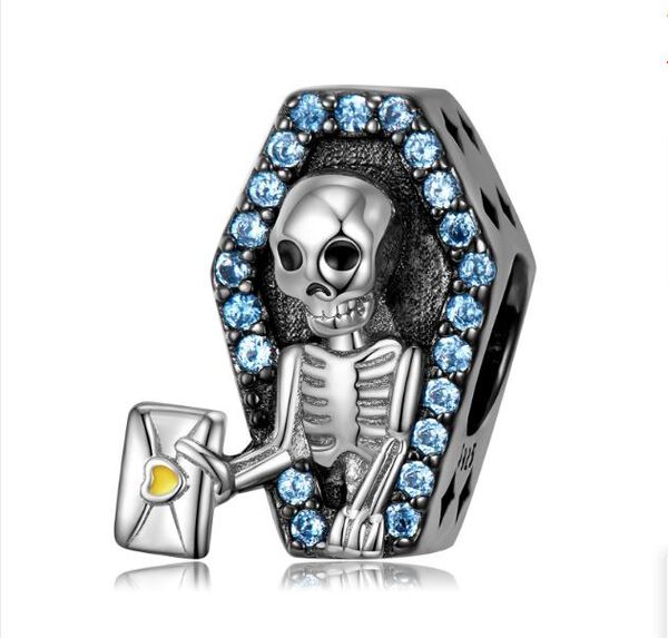 

fits for pandora bracelets necklace s925 sterling silver beads skeleton series bead pendant european and american dark punk style halloween, Black