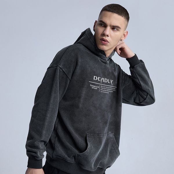 

men's hoodies sweatshirts colorich autumn winter pocket trendy acid washed cotton hooded sweatshirt y2k streetwear printed hip hop pull, Black