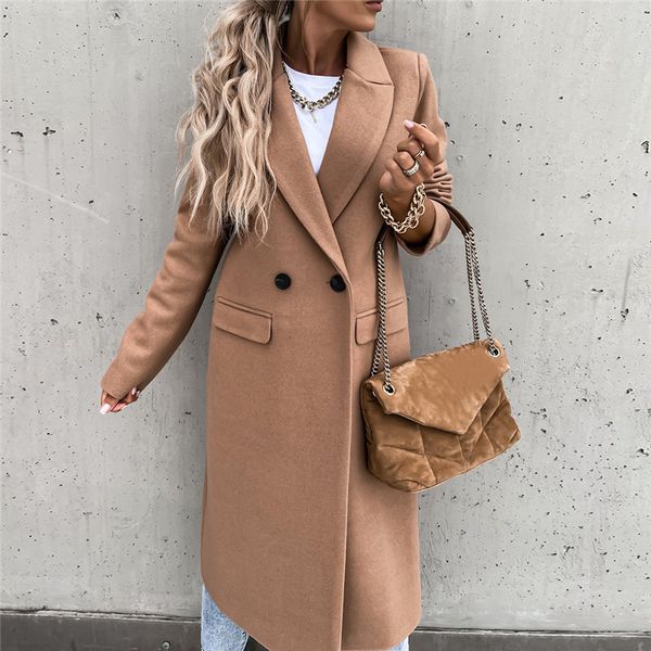 

women's wool blend loose long trench coats winter autumn sleeve pocket button woolen blend overcoats spring female clothes 230105, Black