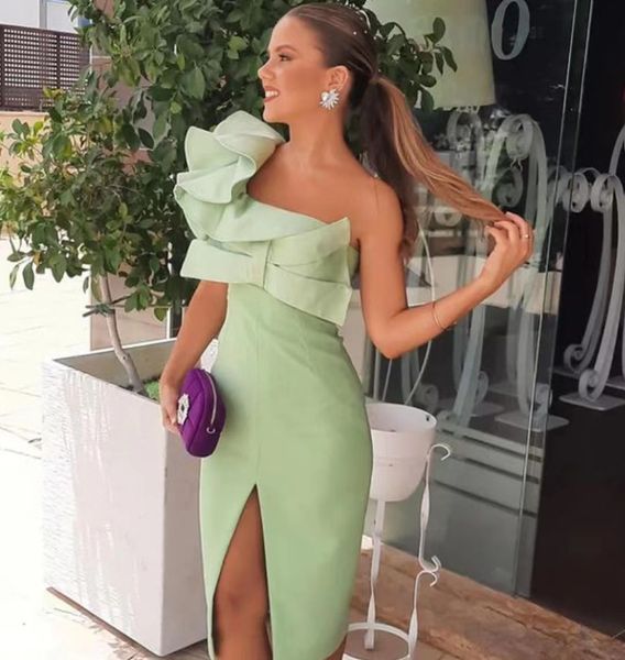 

tiered ruffles one shoulder prom dresses front slit tea length club party women wear short gowns, Black