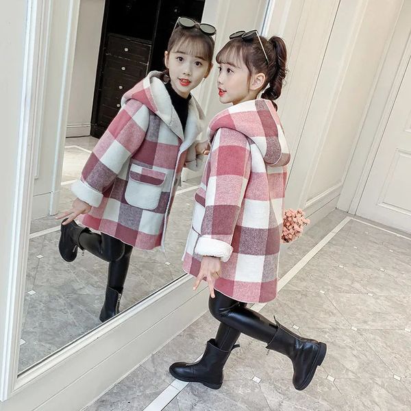 

down coat fashion girls clothing jackets autumn winter parka clothes medium long coat windbreaker plaid thicken lamb children woolen coats 2, Blue;gray