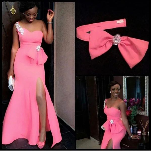 

pink mermaid african bridesmaid dresses with bow one shoulder side slit plus size maid of honor wedding party dress, White;pink