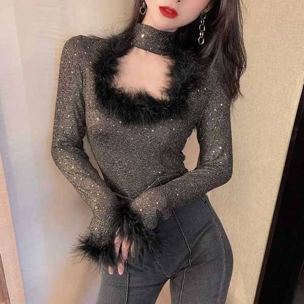 

women's t-shirt new autumn winter shiny t-shirts slim fit women's fur splice ins fashion woman blouses 2022 korean ladies tees t2, White