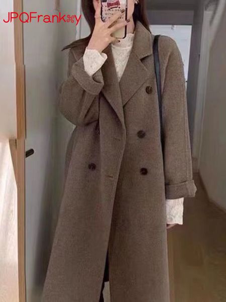 

women's wool blends thickened black woolen coat female korean long japanese in autumn and winter womens clothing 230105