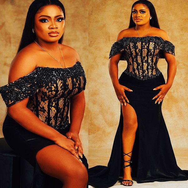 

2023 arabic aso ebi mermaid black prom dresses lace beaded evening formal party second reception birthday engagement gowns dress zj606
