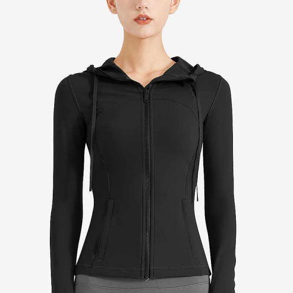 

yoga jacket long sleeved women's running fitness breathable hooded sports coat gym shirt, Black