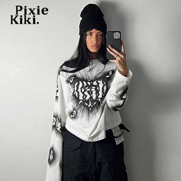 

women's t-shirt pixiekiki goth grunge graphic t shirts hip hop y2k streetwear fashion white casual loose long sleeve tees p85-bi25 t23