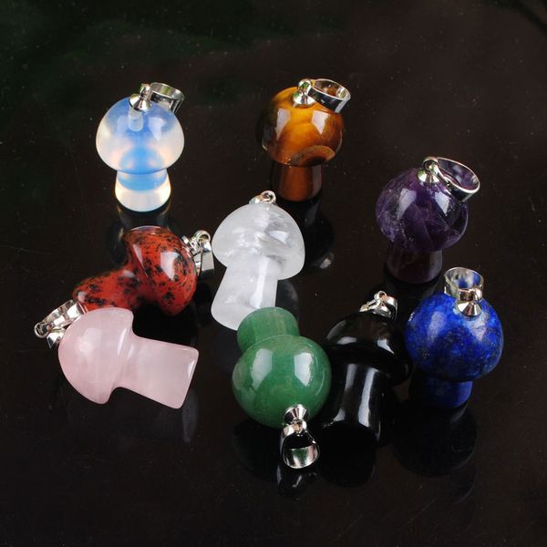 

yowost healing crystal mushroom pendant natural stone pink quartz opal lapis lazuli charm jewelry for women accessories bn521, Silver