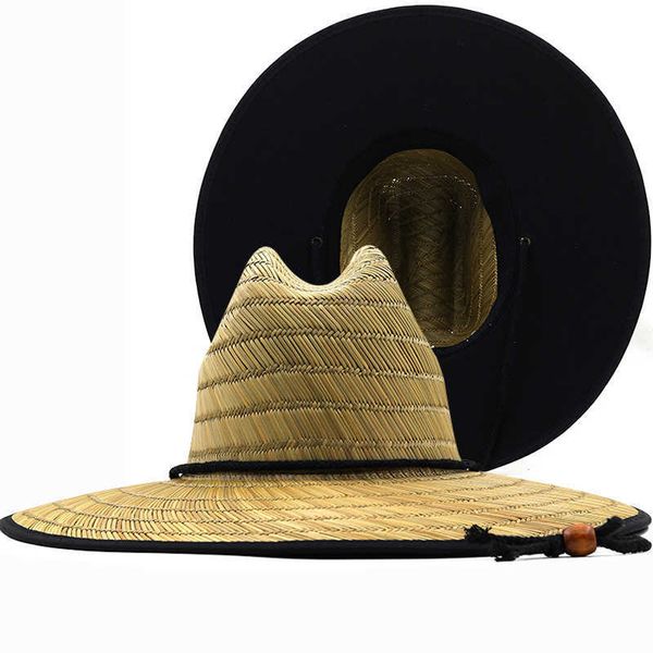 

stingy s black lining handwork women men lifeguard beach sun hat outdoor wide brim panama straw girl summer hat 0103, Blue;gray