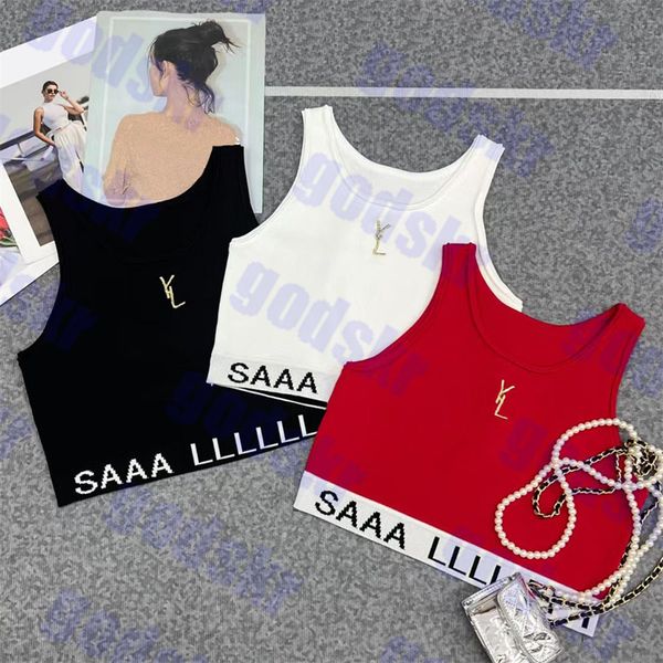 

gold embroidered tank womens knitted vests letter logo sweater cropped three colors, White