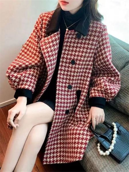 

women' blend long plaid woolen jacket houndstooth cloak coat 230104, Black