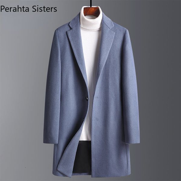 

men's wool blends brand mens trench coat jackets autumn winter business casual en coats male long windbreaker outwear steetwear overcoa, Black