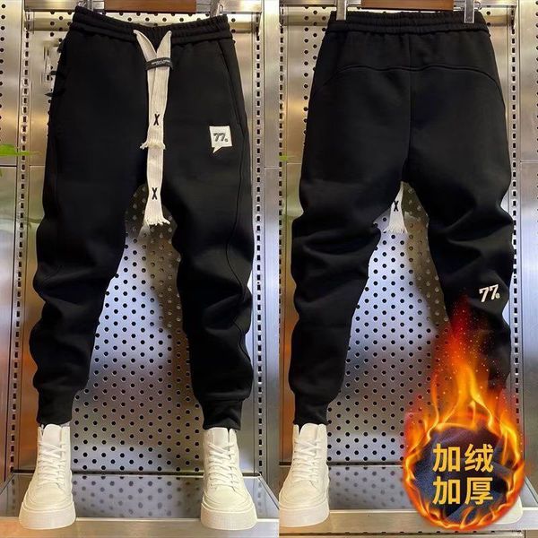 

men's pants plus velvet thick casual autumn and winter sports korean version trend all match warm sweatpants men 230104, Black