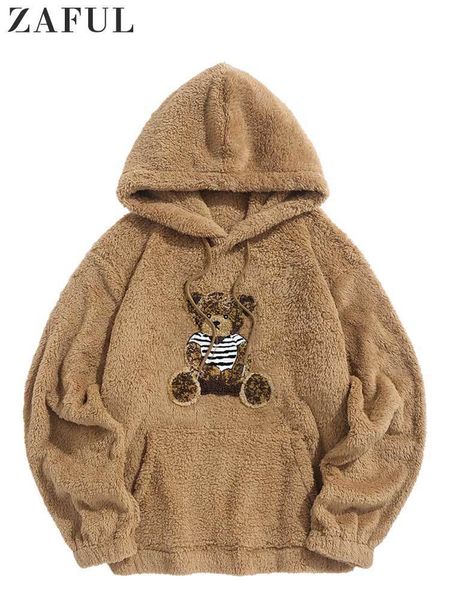

men's hoodies sweatshirts hooded for men fluffy teddy bear pattern fall winter streetwear pullover casual long sleeves 230105, Black