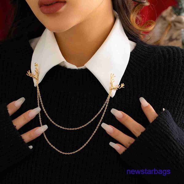 

factory outlet wholesale brooches jewelry sweet cool double layer chain brooch lovely antler tassel corsage collar clasp, Gray