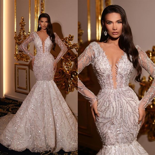 

elegant mermaid wedding dresses deep v-neck long sleeve with applicants backless sequins fish tail court gown slim custom made plus size ves, White