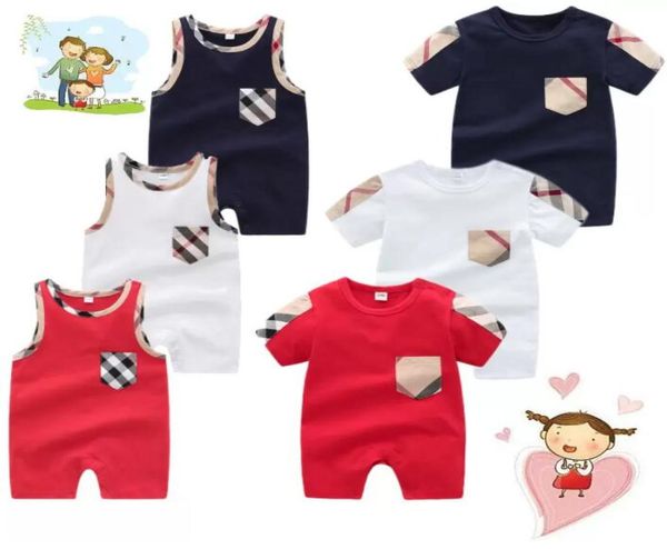 

summer baby rompers kids infant boy clothes boys girls plaid oneck short sleeve sleeveless jumpsuits cotton romper clothingaa19135950757, Blue