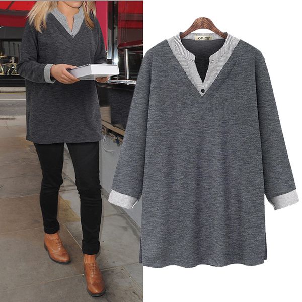 

women's blouses shirts spring women blouse contrast color fake two long sleeve v neck loose plus size camisa feminina clothing 230106, White
