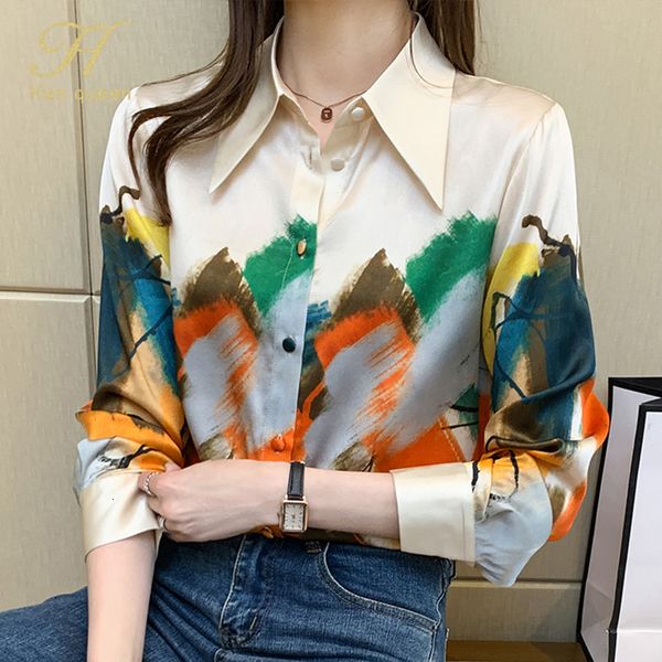 

women's blouses shirts h han queen office lady blusa turn-down collar vintage print elegant chiffon women long sleeve casual 230106, White