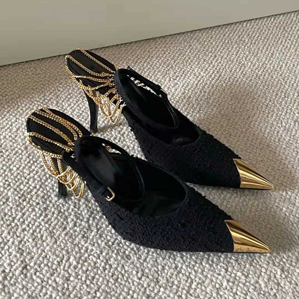 

dress shoes spring new black high heels pointed gold iron head woven thin heel shoes fairy women's shoes