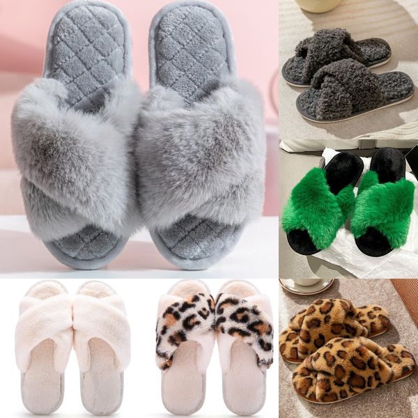 

luxury designer slipper women shoes 2023 winter faux fur warm soft slipper female indoor home fashion leopard plush slippers, Black