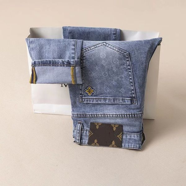 

fashionable men's jeans four seasons ksubi jeans broken line patch motorcycle element with a nostalgic color elastic small straights, Blue