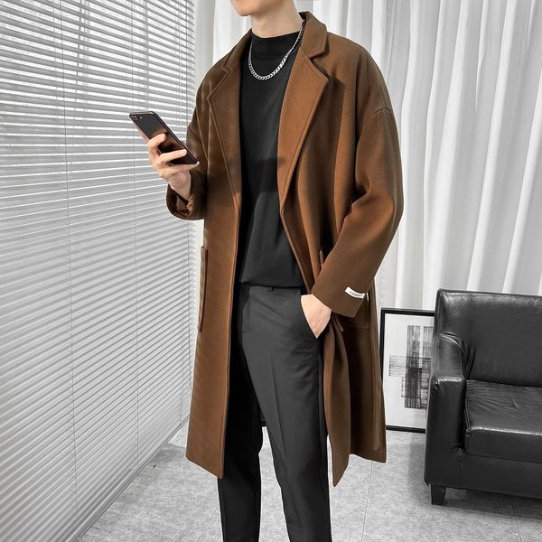

men's wool blends british style woolen coat men big pockets autumn winter lapel trenchcoat plus size 5xls fashion casual coats male win, Black
