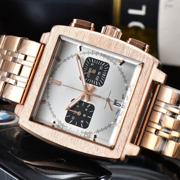 

2022 men's luxury quartz watch business fashion six needle square tank multi-function calendar waterproof steel strap watches, Slivery;brown