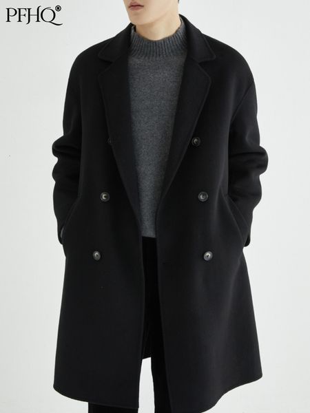 

men's wool blends pfhq autumn winter doublesided woolen trench long coat korean fashion trendy gentleman elegant clothes windbreaker 1q, Black