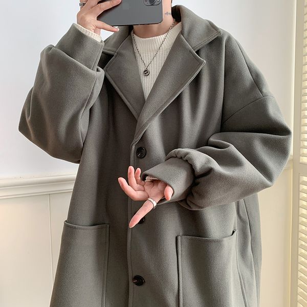 

men's wool blends 2023 woolen coat autumn and winter port style loose medium long fashion jacket 230106, Black