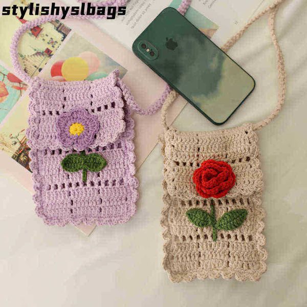 

evening bags handmade girl crochet knitted floral flap shoulder bag girly teenager small size hollow out cute smartphone sling crossbody bag