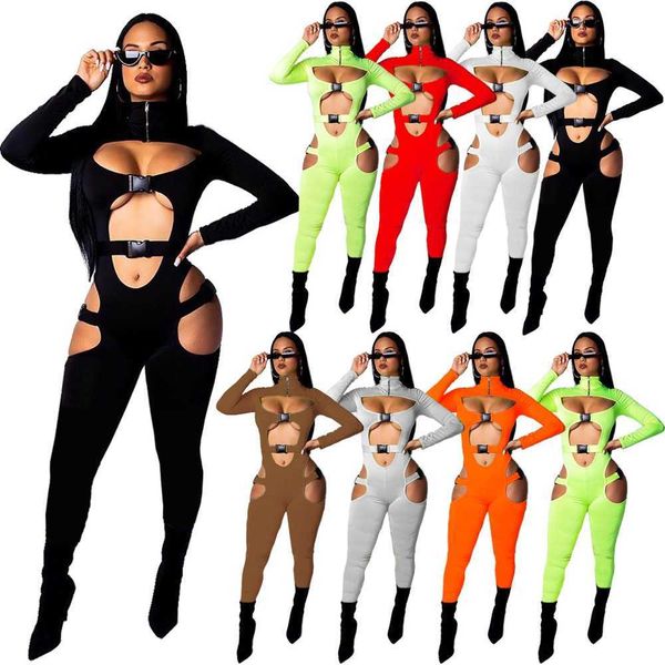 

women jumpsuits designer 2023 new slim international station nightclub ladies hollow out button solid rompers 8 colours, Black;white